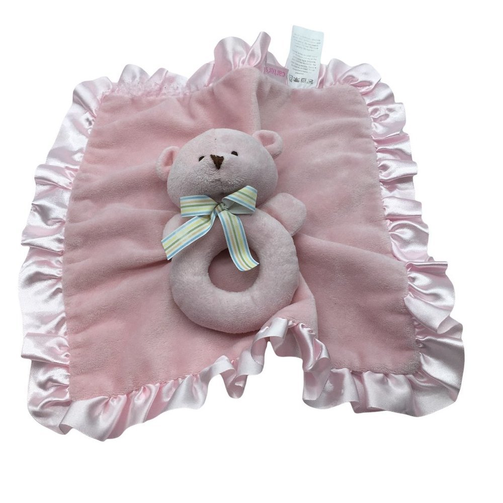 Carter's Pink Bear Rattle Lovey Security Blanket Satin Trim Lovie Soother 14"x14
